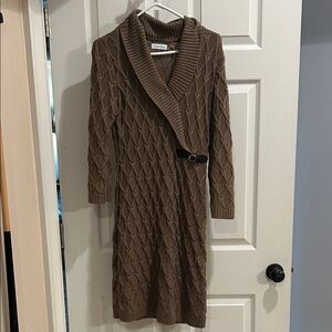 Calvin Klein Brown Cable-Knit Shawl Collar Dress